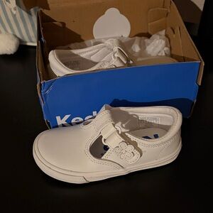 Keds Kids White Leather T-Strap Sneakers with Flower Accent